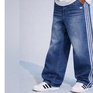 Adidas Adicolor Wide Leg Baggy Oversized Denim Jeans Three Stripe size 36x34